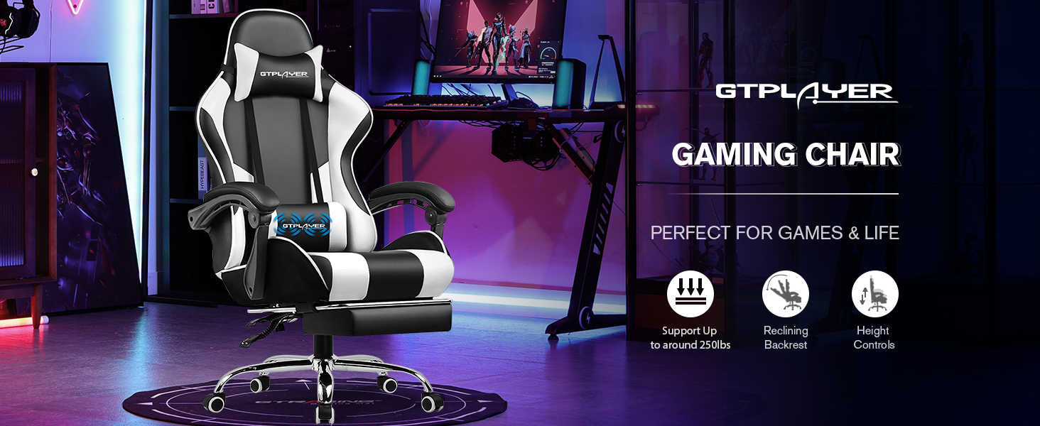 GTPLAYER Gaming Chair, Computer Chair with Footrest and Lumbar Support, Height Adjustable Game Chair with 360°-Swivel Seat and Headrest and for Office or Gaming