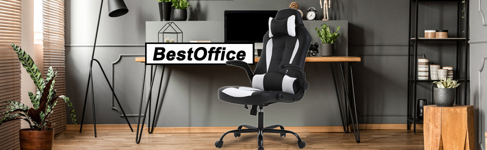 BestOffice PC Gaming Chair Ergonomic Office Chair Desk Chair with Lumbar Support Flip Up Arms Headrest PU Leather Executive High Back Computer Chair for Adults Women Men