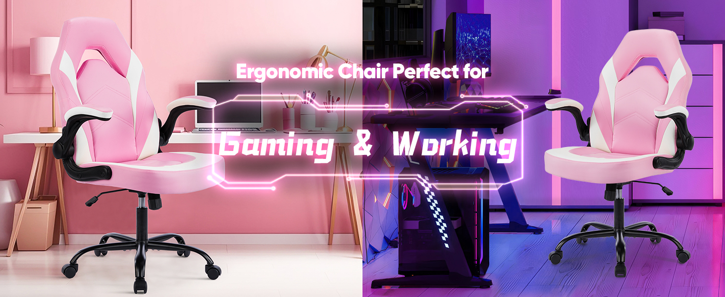 OLIXIS Computer Gaming Desk Chair Big and Tall Ergonomic Lumbar Support with Flip-up Armrest and 360° Swivel Wheels, PU Leather Height Adjustable, for Home and Office, White-Pink