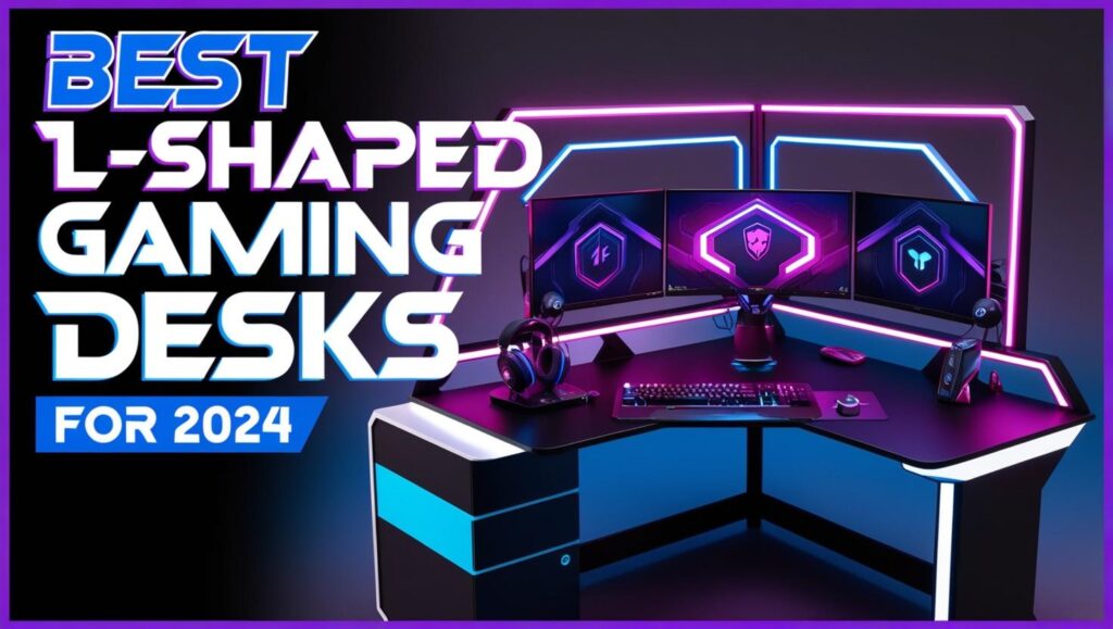 Modern L shaped gaming desk setup with RGB lighting, dual monitors, and gaming accessories, showcasing a stylish and ergonomic workspace for gamers.