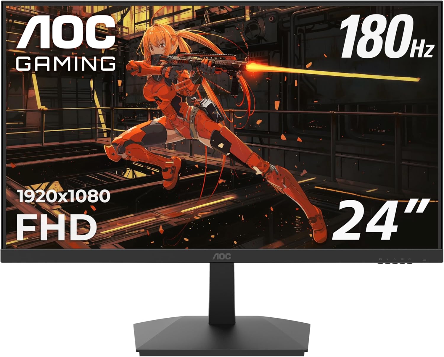 AOC 24G15N 24" Gaming Monitor, Full HD 1920x1080, 180Hz 1ms, 1x HDMI 2.0, 1x Display Port, Adaptive-Sync, 3-Sided Frameless, HDR Ready, Console Gaming Ready, 3-Year Zero-Bright-Dot