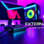 Best external SSD for gaming in 2025 connected via USB-C cable to a futuristic gaming rig with RGB lighting, highlighting faster load times, ample storage, and performance benefits.