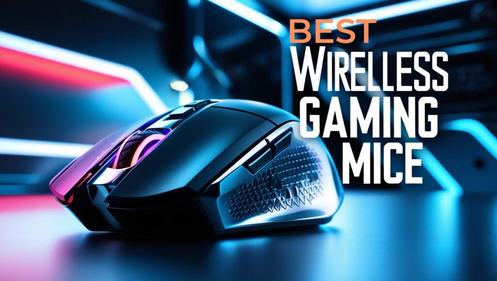 Modern wireless gaming mouse with vibrant lighting effects against a futuristic tech background, featuring bold text 'Best Wireless Gaming Mouse 2025.'