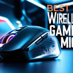 Modern wireless gaming mouse with vibrant lighting effects against a futuristic tech background, featuring bold text 'Top Wireless Gaming Mice 2025.'