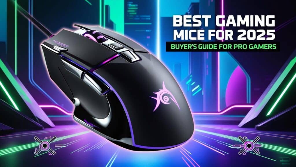 Best gaming mouse for 2025 featured with a sleek design, glowing neon accents, and a buyer's guide for FPS, MMO, and esports gamers.