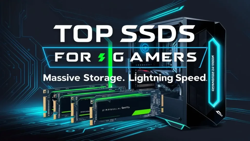 Best High-Capacity SSDs for Gamers with Massive Libraries,' showcasing sleek gaming SSDs, glowing neon accents, and a futuristic gaming setup to highlight massive storage and lightning-fast performance.