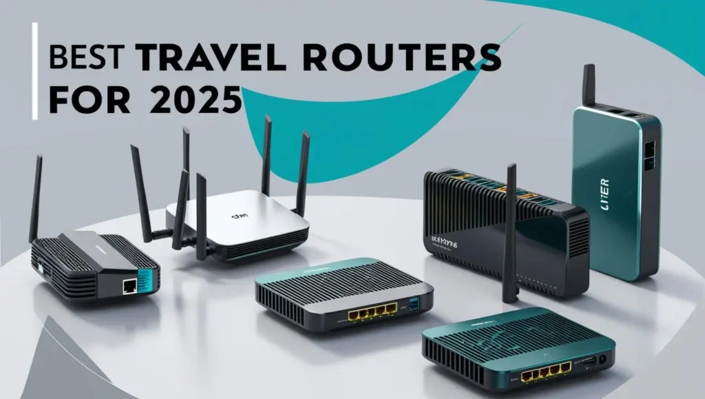 Best travel routers for 2025 showcasing portable Wi-Fi, secure connectivity, and top picks for travelers with a global map background and router icon.