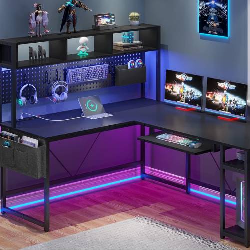 SEDETA L Shaped Gaming Desk, Reversible Computer Desk with Power Outlet and Pegboard, Gaming Desk with Led Lights