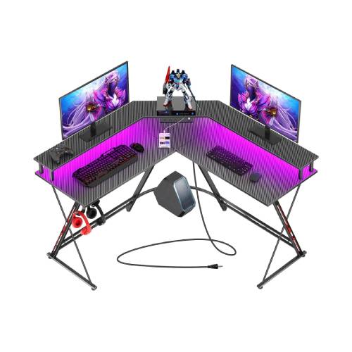 SEVEN WARRIOR L Shaped Gaming Desk with LED Lights & Power Outlets