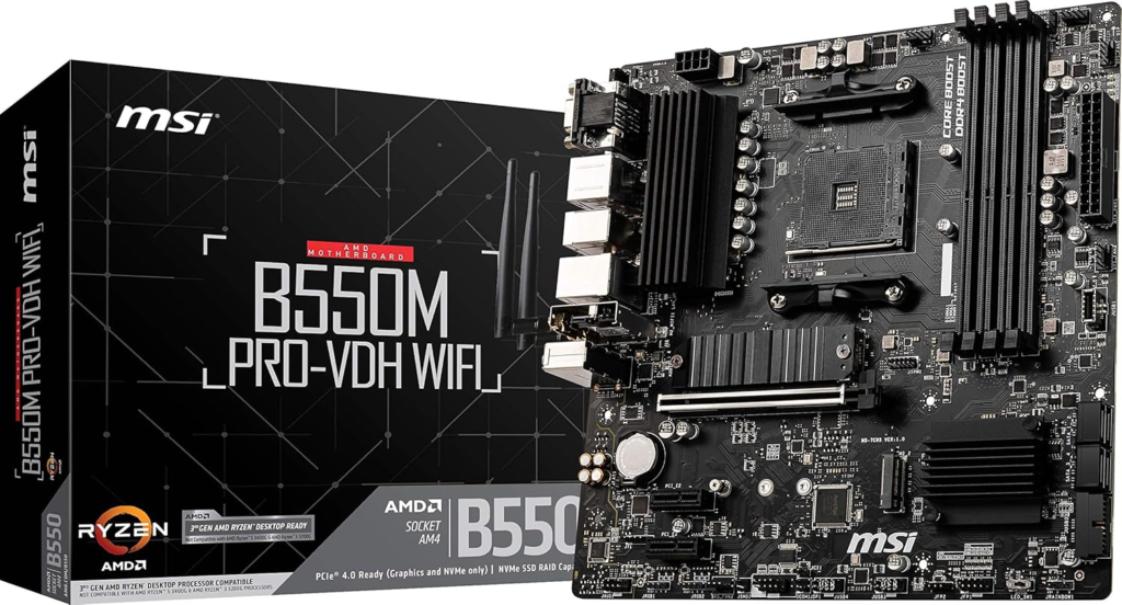 MSI B550M PRO-VDH WiFi ProSeries Motherboard (AMD Ryzen 5000, AM4, DDR4, PCIe 4.0, SATA 6Gb/s, M.2, USB 3.2 Gen 1, Wi-Fi, Bluetooth, D-SUB/HDMI/DP, Micro-ATX)