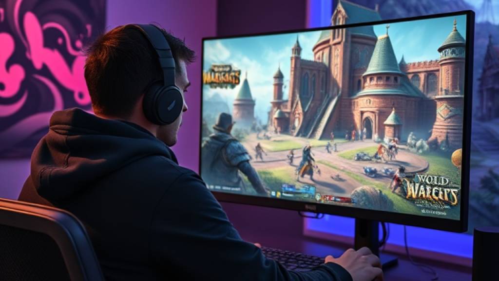 Gamer using a 4K monitor displaying detailed fantasy game graphics