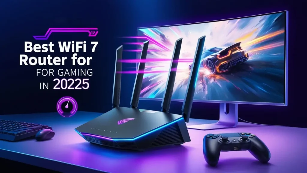 Futuristic best WiFi 7 router for gaming with glowing LED lights, perfect for high-speed gaming in 2025, surrounded by gaming controller and speed meter graphics.