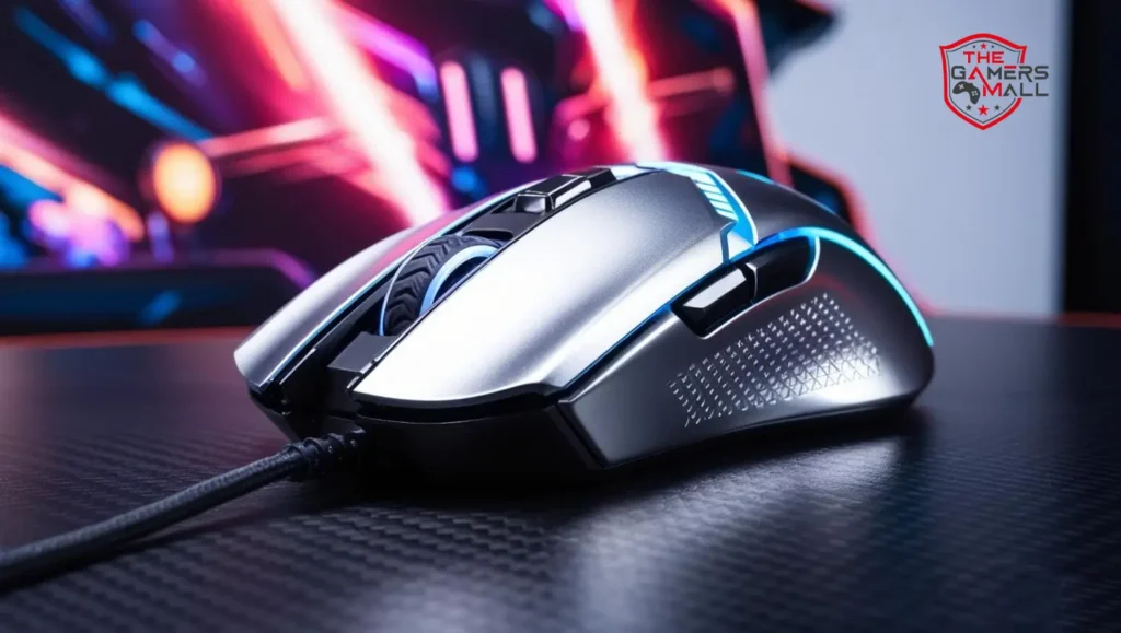 A premium best wired gaming mouse with glowing RGB lighting showcased on a sleek, tech-inspired dark gradient background featuring circuit board patterns.