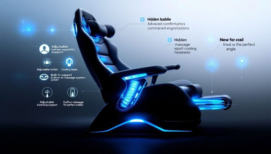 Illustration highlighting key features of gaming chairs for back pain relief.