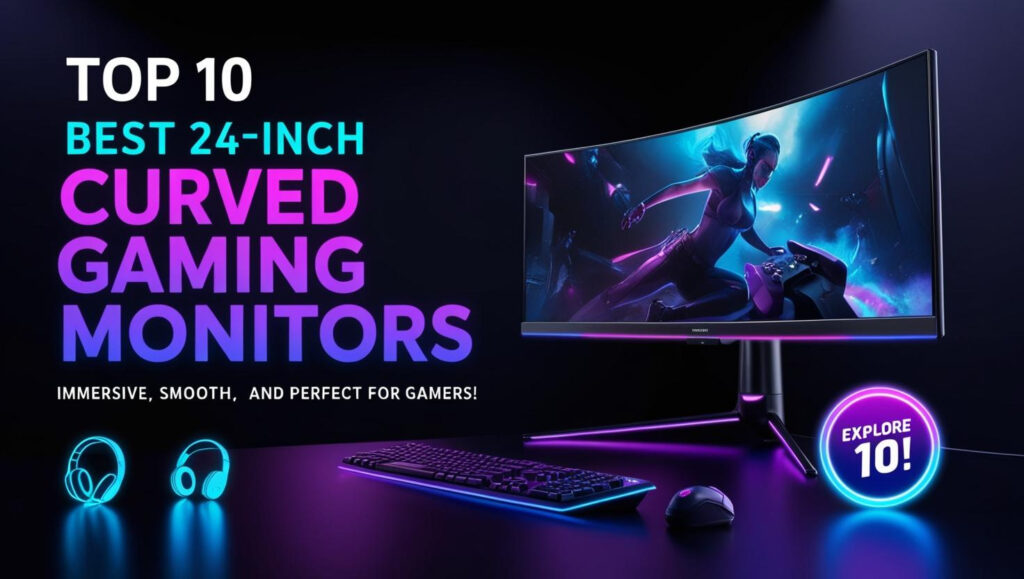 Top 10 best 24-inch curved gaming monitors featured in 2025, showcasing a sleek futuristic gaming setup with a glowing curved monitor and vibrant neon effects.