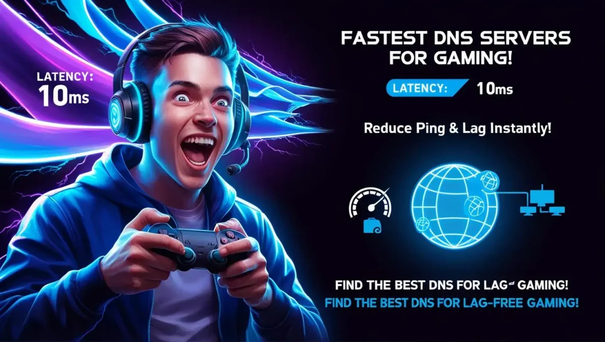 Best DNS servers for gaming – Reduce lag, lower ping, and improve connection stability. A gamer enjoying ultra-fast, lag-free gameplay with a high-speed DNS setup.