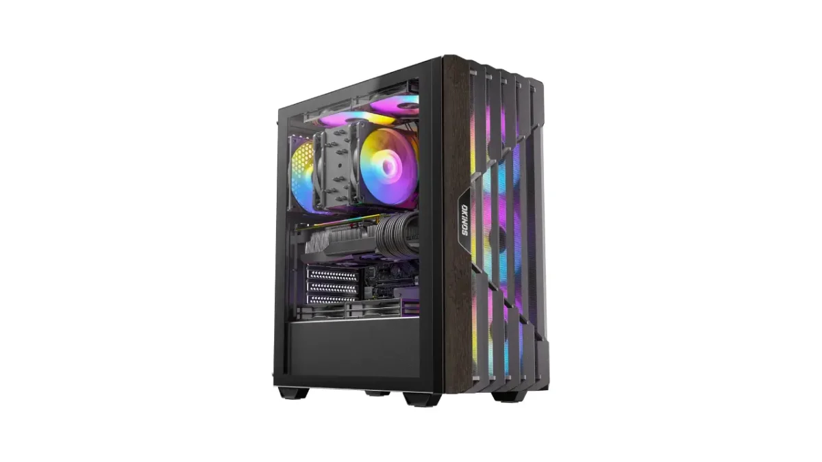 Oak Wood ATX PC Case, 4 x 120mm ARGB Non-PWM Case Fans Pre-Installed, Type-C Port, Tempered Glass Side Panel, Black Mid-Tower Computer Case