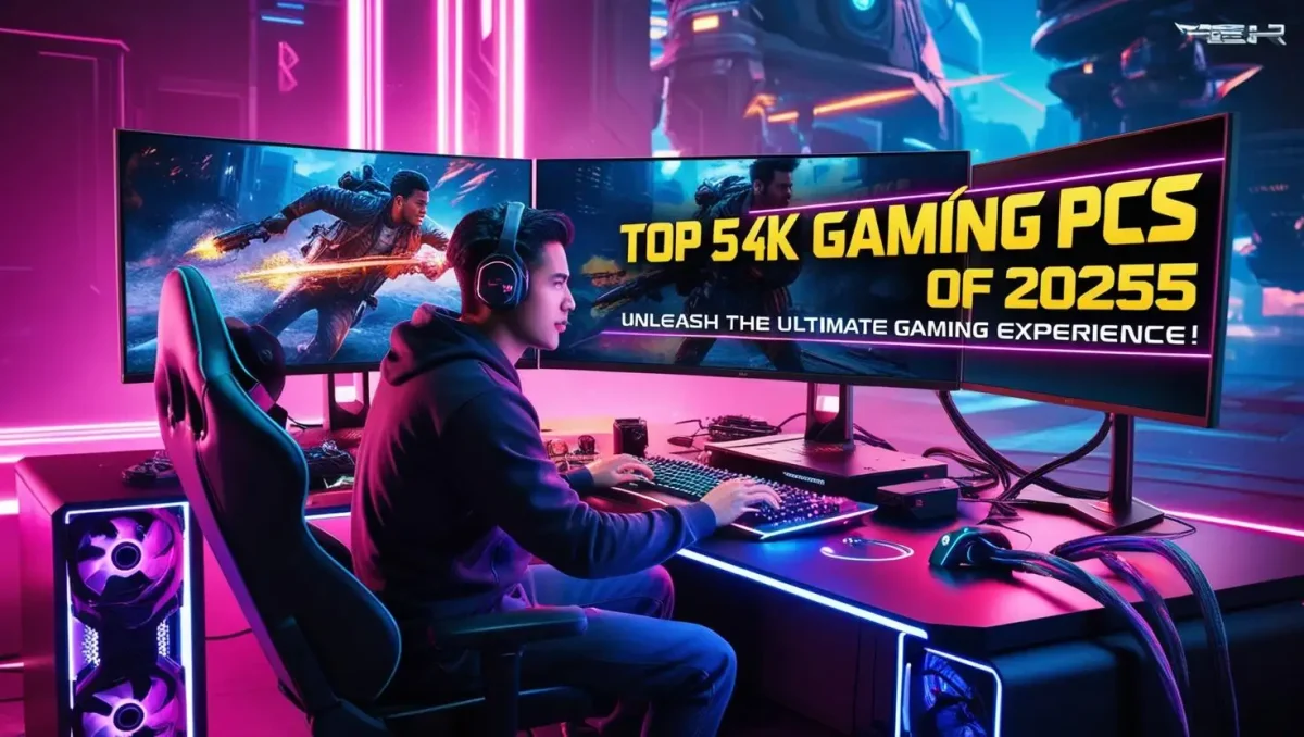 High-end 4K gaming PC setup with RGB lighting, dual monitors displaying an action-packed game, and a futuristic cyberpunk gaming environment. The ultimate gaming experience in 2025.