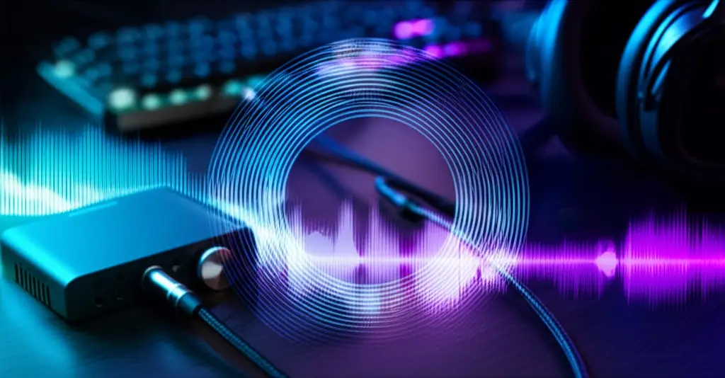 The Secret to Perfect Audio: Why You Need a DAC/Amp for Gaming 1 A sleek, matte black gaming DAC amp, like the Schiit Hel, sits on a modern desk. A pair of premium headphones is plugged into it, visually representing an upgrade for better gaming audio.