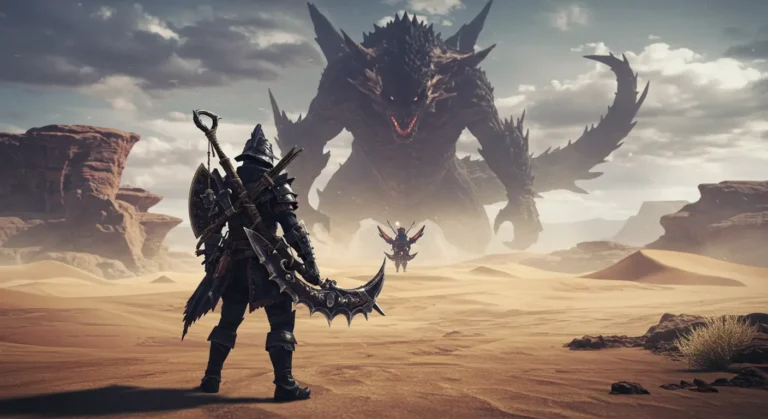 Monster Hunter Wilds cinematic scene with hunter facing off against giant monster in open world desert