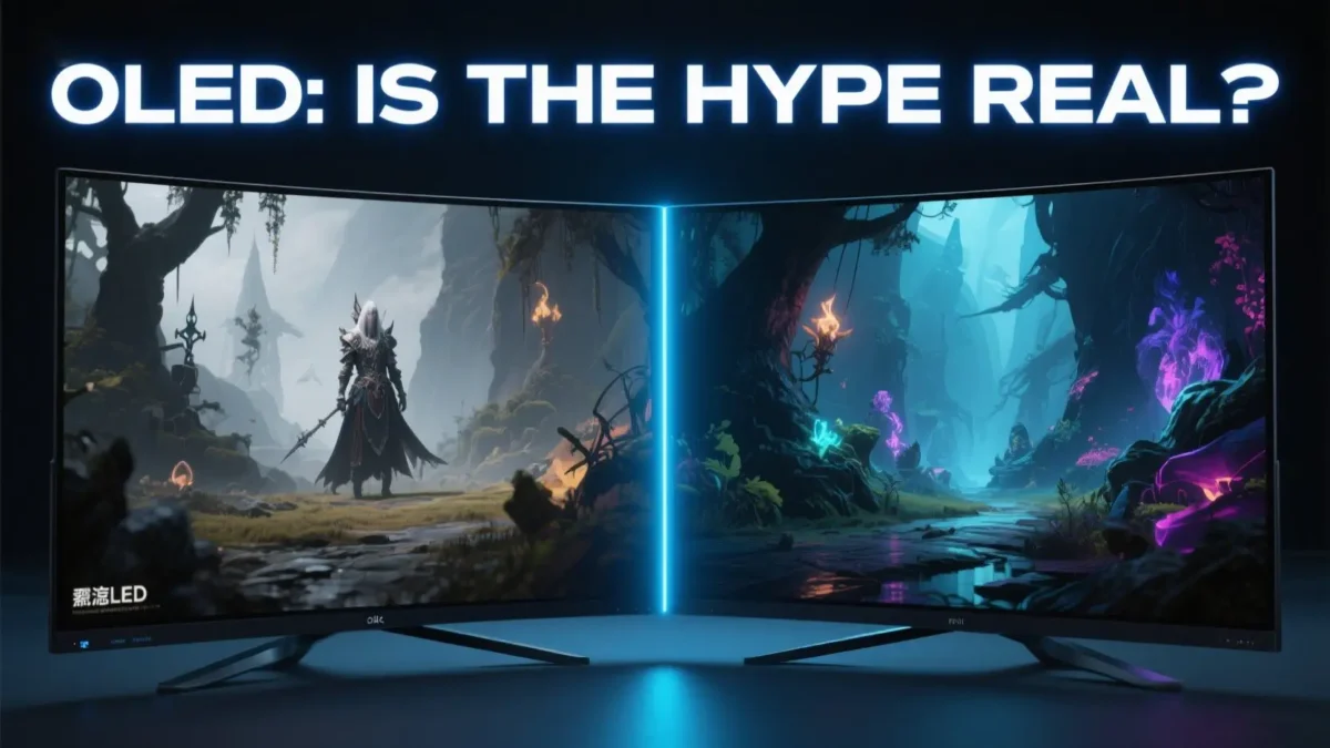 OLED Gaming Monitor: Is It Worth the Hype (and Price) in 2025? 1 Split-screen comparison showing a fantasy game on a standard LED monitor with gray blacks on the left, and on a vibrant OLED monitor with true blacks on the right.
