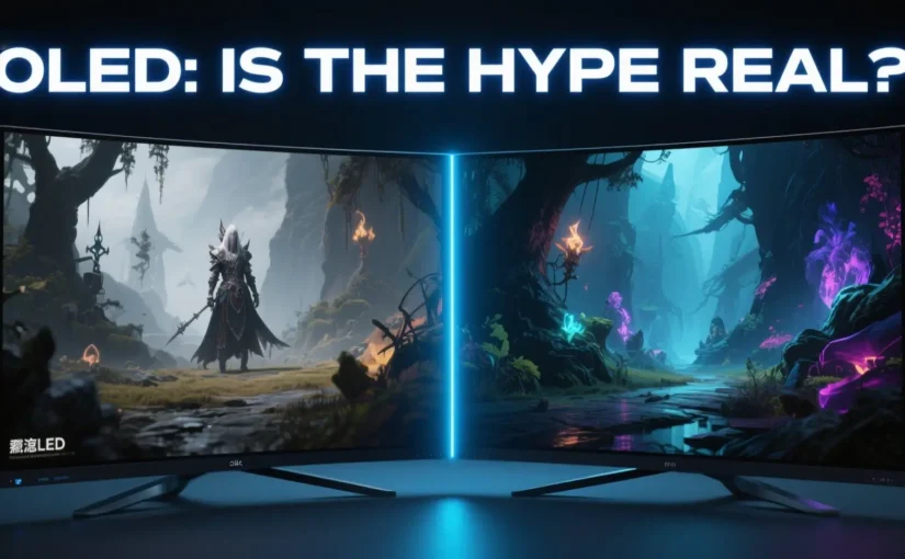 OLED Gaming Monitor: Is It Worth the Hype (and Price) in 2025? 1 Split-screen comparison showing a fantasy game on a standard LED monitor with gray blacks on the left, and on a vibrant OLED monitor with true blacks on the right.