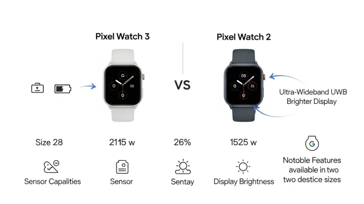 Infographic comparing Pixel Watch 2 and Pixel Watch 3 specifications side by side
