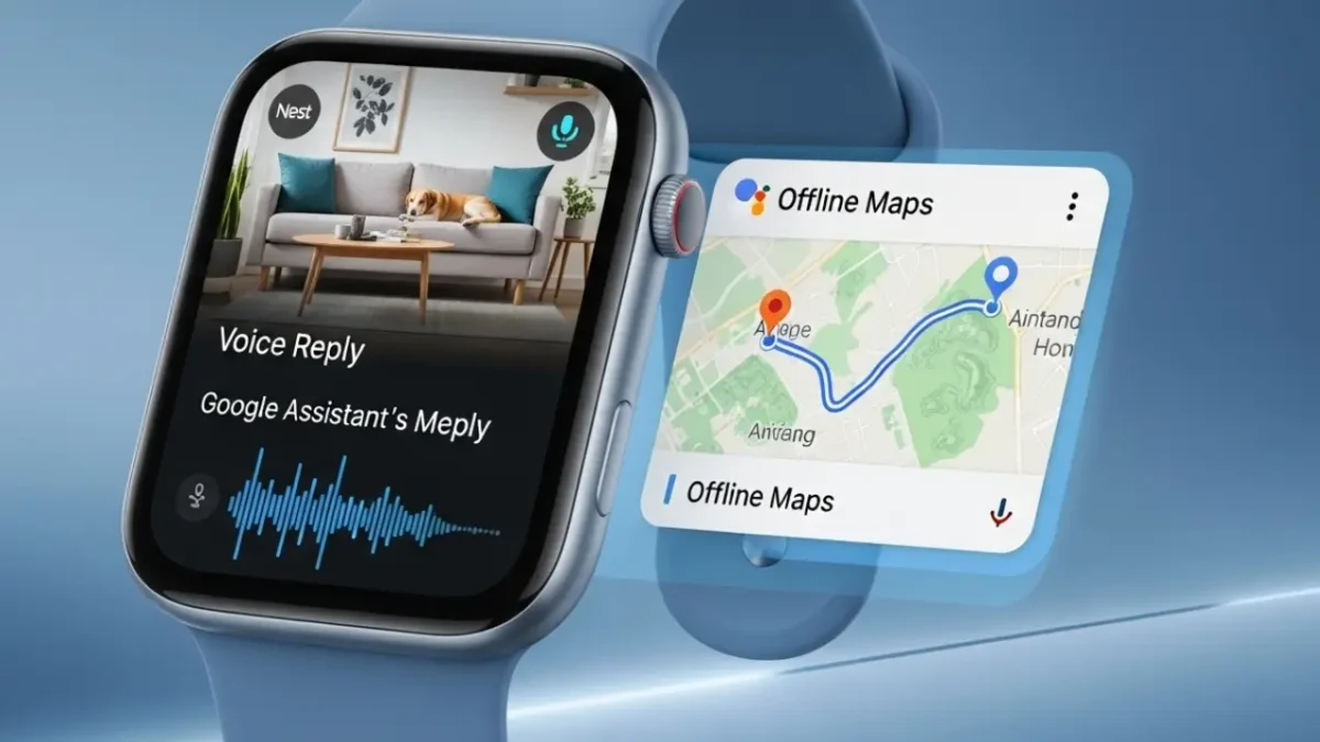 Pixel Watch 3 showing Nest cam, offline Google Maps, and Assistant interface on screen
