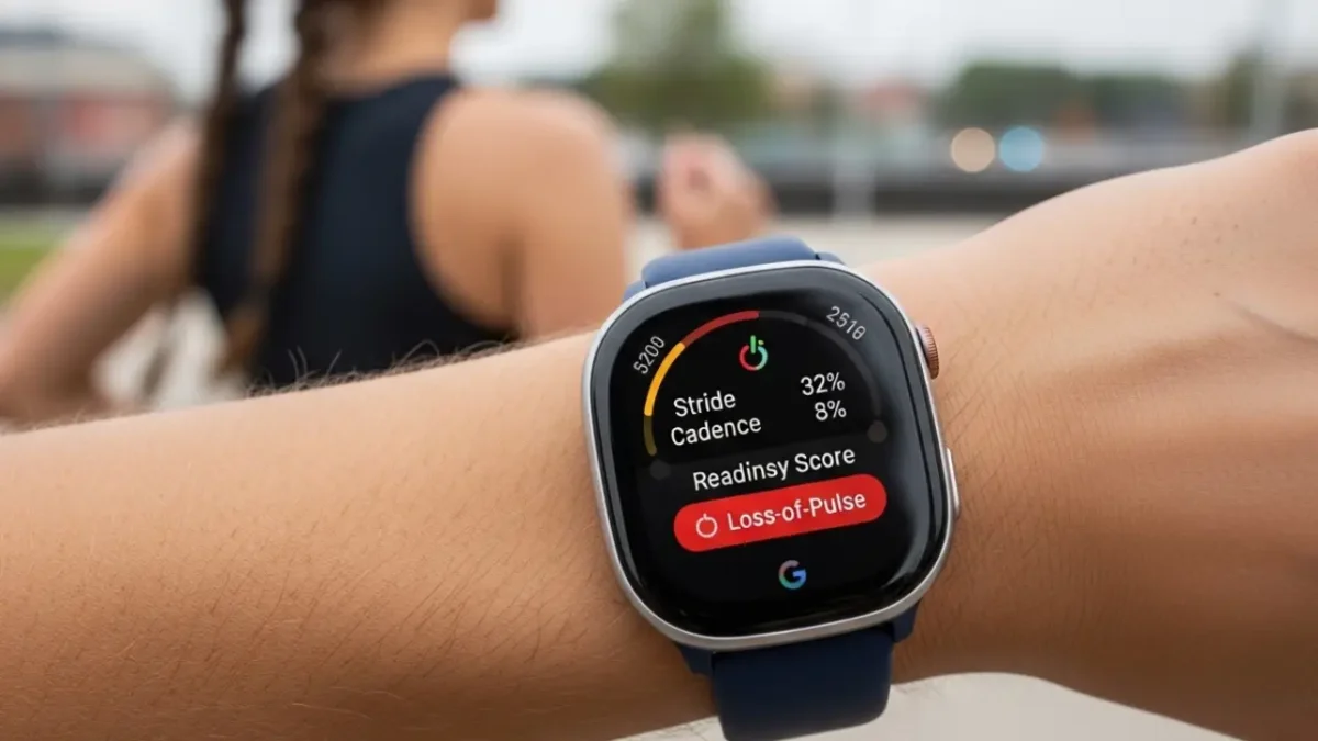 ixel Watch 3 on wrist showing advanced running metrics and health alerts like loss-of-pulse detection