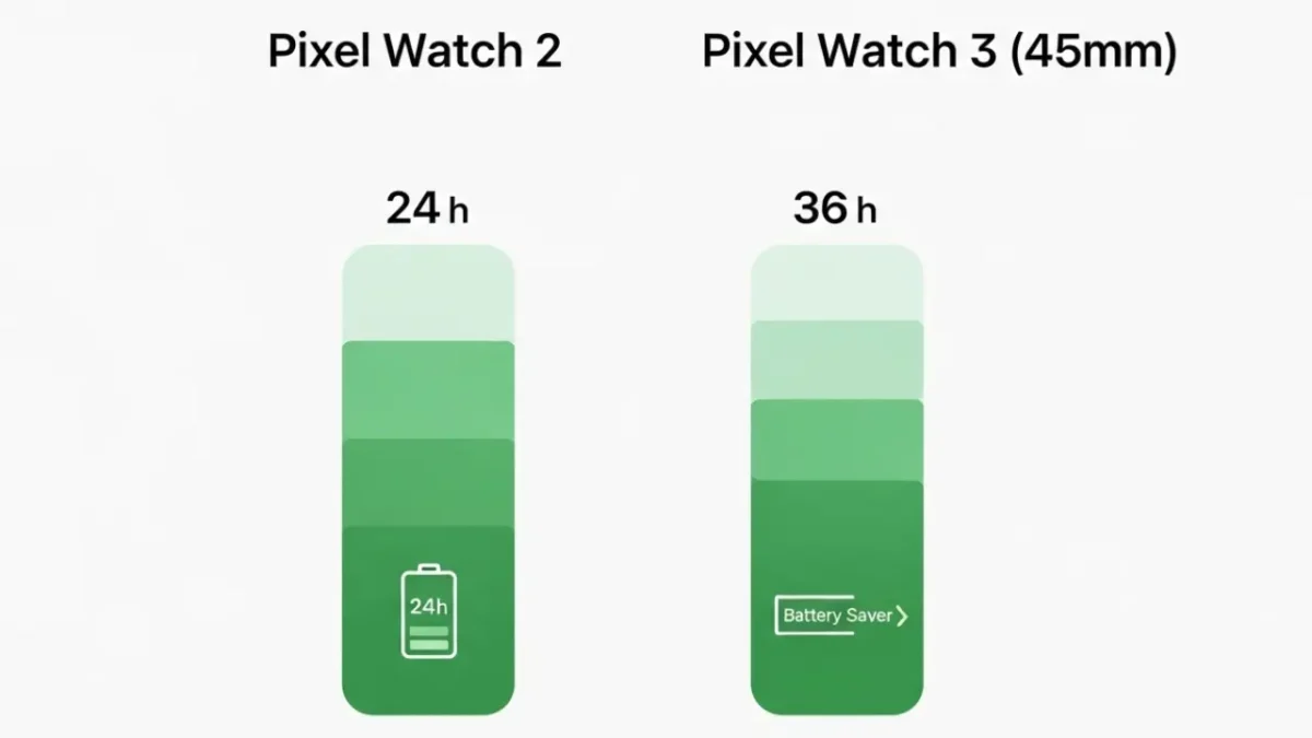 Graphic comparing battery life of Pixel Watch 2 and Pixel Watch 3 with icons and charge durations