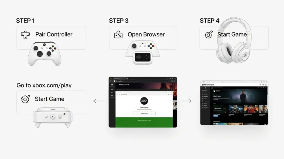 How to Play Xbox Games on Meta Quest 3s (2025 Guide) 2 How to set up Xbox Cloud Gaming on Meta Quest 3s with browser and controller pairing