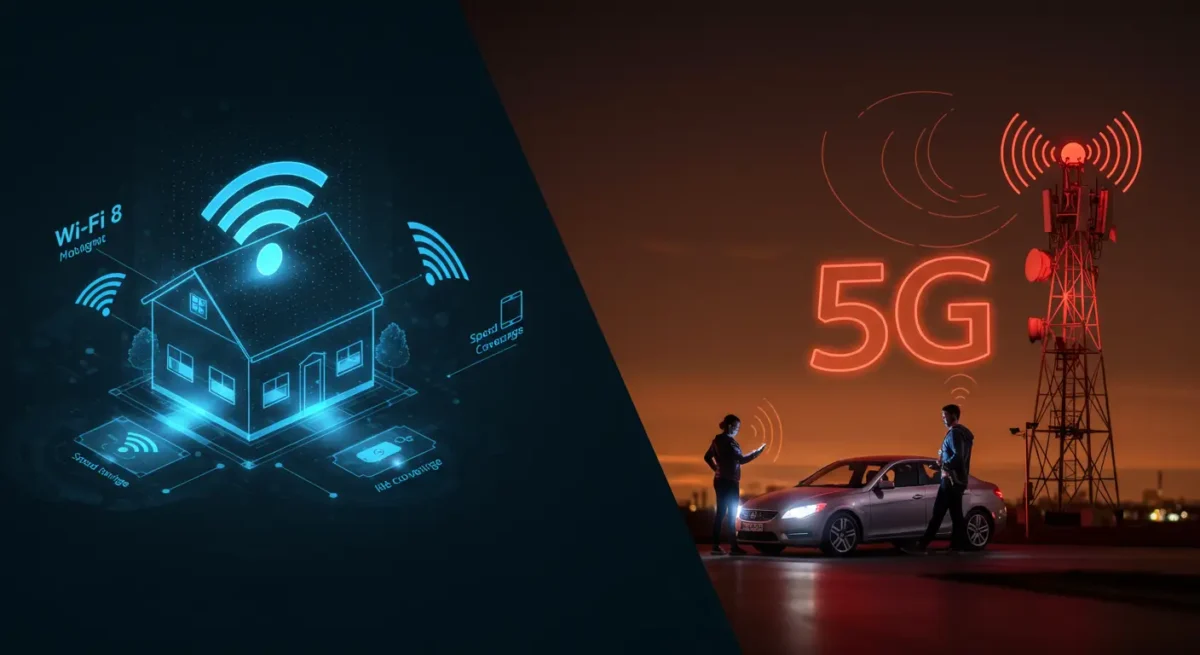 Wi-Fi 8 Is Coming: Your Ultimate Guide to Wi-Fi 8 vs. 5G vs. Wi-Fi 7 2 A visual comparison of Wi-Fi 8 vs 5G: split-screen concept. Left side shows a modern smart home with glowing Wi-Fi signals covering multiple devices like laptops, TVs, and smart speakers (label: Wi-Fi 8), emphasizing low latency and multi-device support. Right side shows a moving car, a person on a smartphone, and a cell tower broadcasting 5G signals over a large rural landscape (label: 5G). Use blue tones for Wi-Fi 8 and red tones for 5G. Add digital-style icons and holographic overlays to represent speed, latency, and coverage. Futuristic and professional tech look.