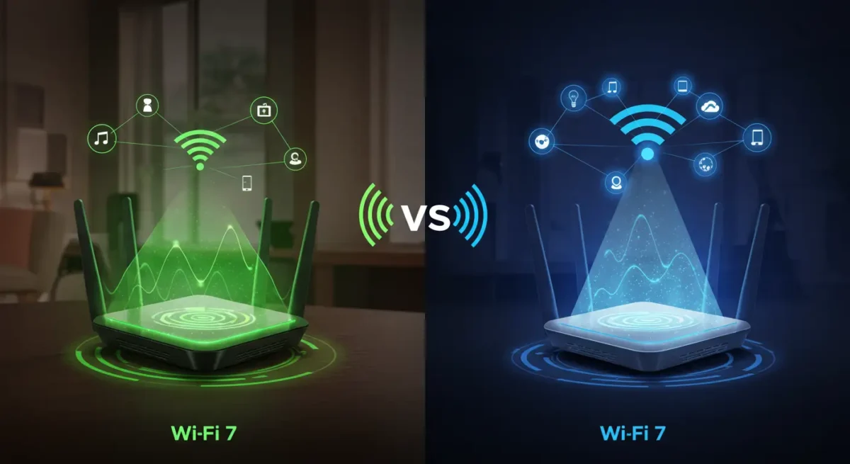 Wi-Fi 8 Is Coming: Your Ultimate Guide to Wi-Fi 8 vs. 5G vs. Wi-Fi 7 3 Side-by-side comparison of Wi-Fi 8 and Wi-Fi 7: futuristic Wi-Fi routers emitting glowing signals. Wi-Fi 7 router on the left in green with moderate signal waves; Wi-Fi 8 router on the right in blue with stronger, faster-looking signal beams and holographic device connections. Background shows a modern home environment with multiple smart devices. Use clean, high-tech visuals with subtle digital icons for speed, latency, and multi-device handling. Label each side clearly: Wi-Fi 7 vs Wi-Fi 8.