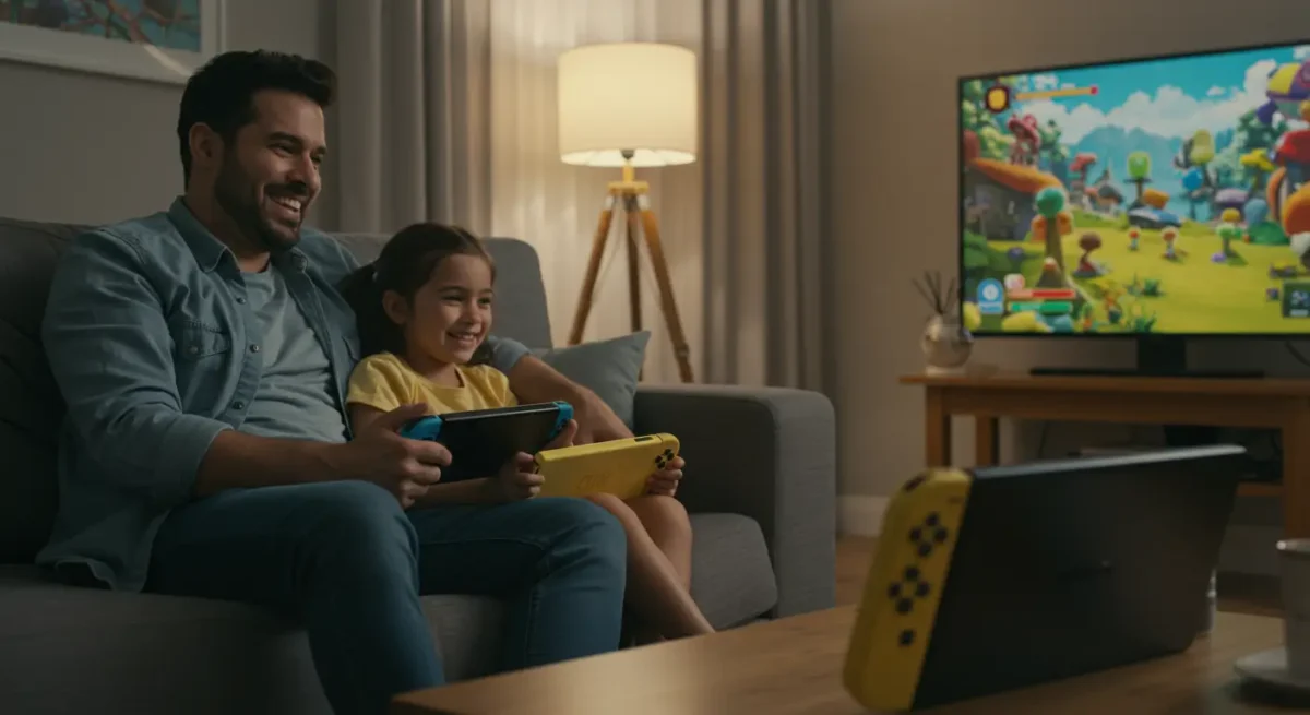 The Ultimate Parent's Guide to the Nintendo Switch 2: Is It Worth It for Your Family? 1 A mother and son smiling as they play video games together on a Nintendo Switch 2 and a Switch Lite in their living room, demonstrating the console's family-friendly features.
