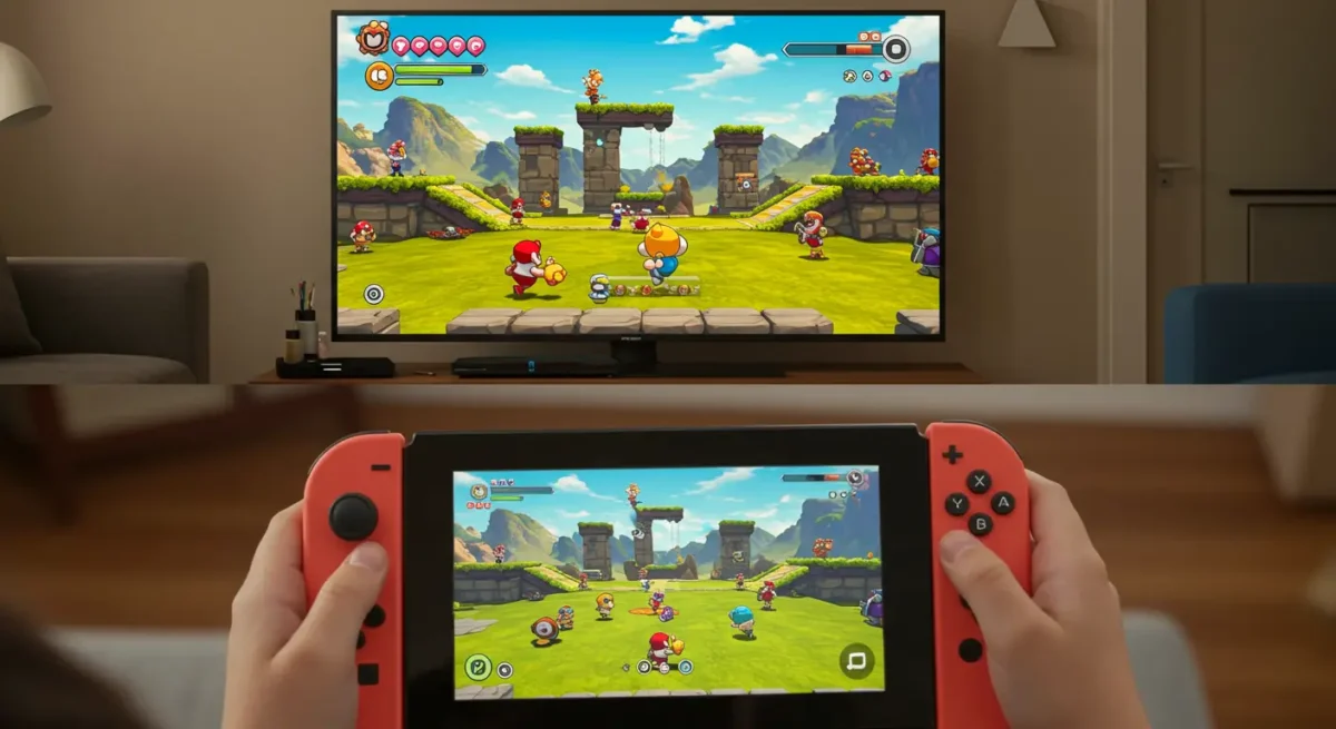 The Ultimate Parent's Guide to the Nintendo Switch 2: Is It Worth It for Your Family? 3 An image demonstrating the Nintendo Switch 2's GameShare feature, with a parent playing on the TV and a child playing on their own Switch Lite, both in the same co-op game.