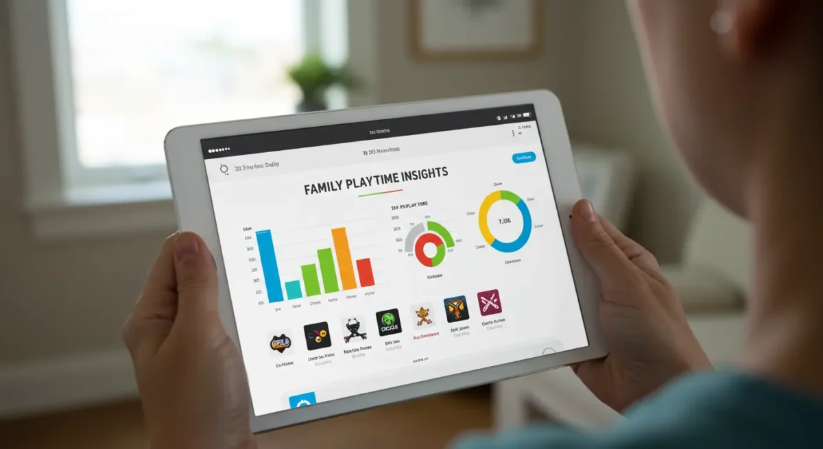 The Ultimate Parent's Guide to the Nintendo Switch 2: Is It Worth It for Your Family? 4 A parent reviewing their child's gaming activity on the new Nintendo Switch 2 Playtime Insights dashboard via a tablet app, showing playtime graphs and achievements.
